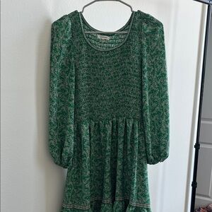 Max Studio Green Floral Smocked Waist Long Sleeve Dress